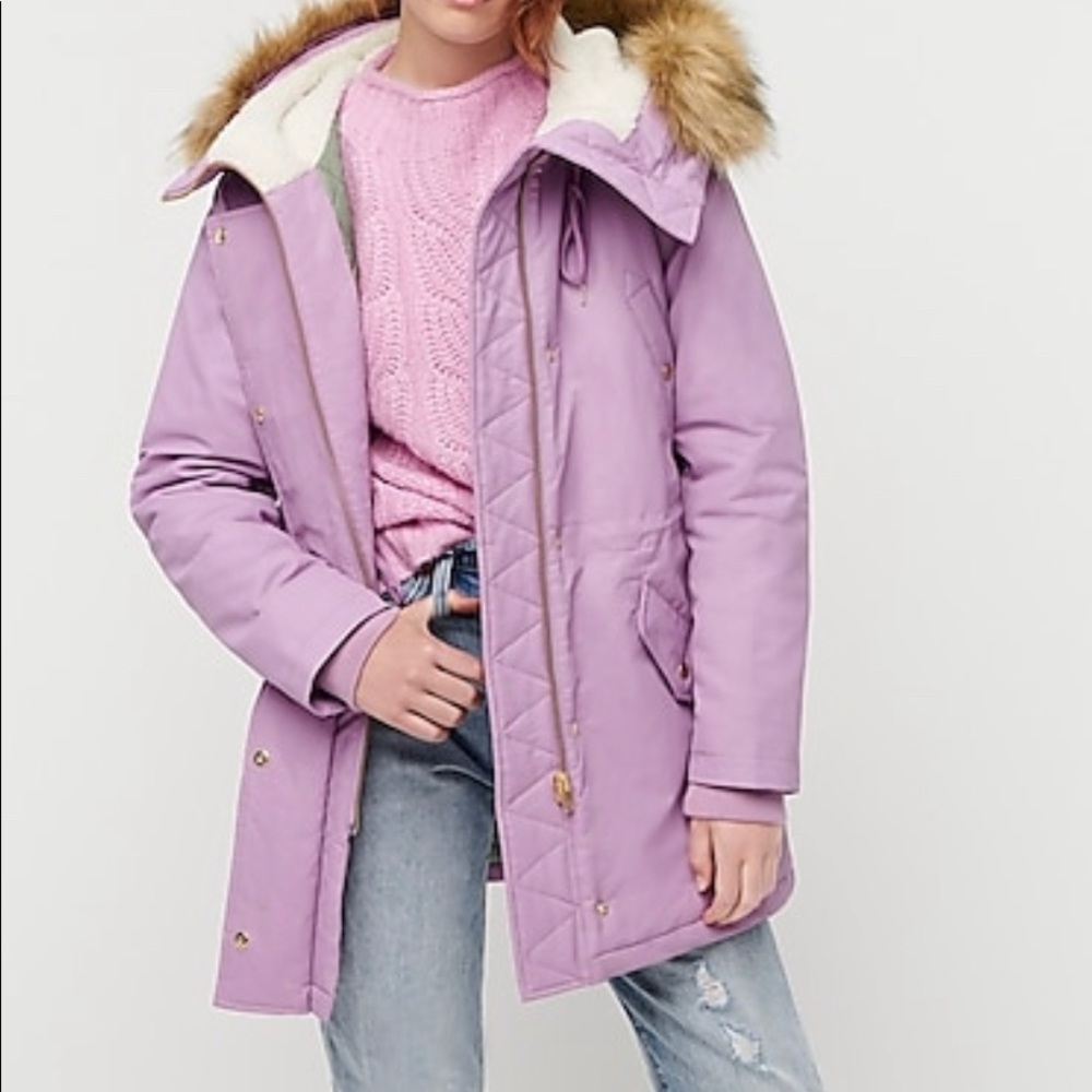J. Crew Lavender Puffer Coat with Faux Fur Sherpa Lined Hood